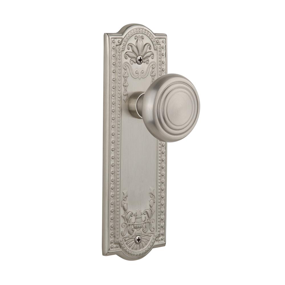 Nostalgic Warehouse MEADEC Complete Passage Set Without Keyhole Meadows Plate with Deco Knob in Satin Nickel